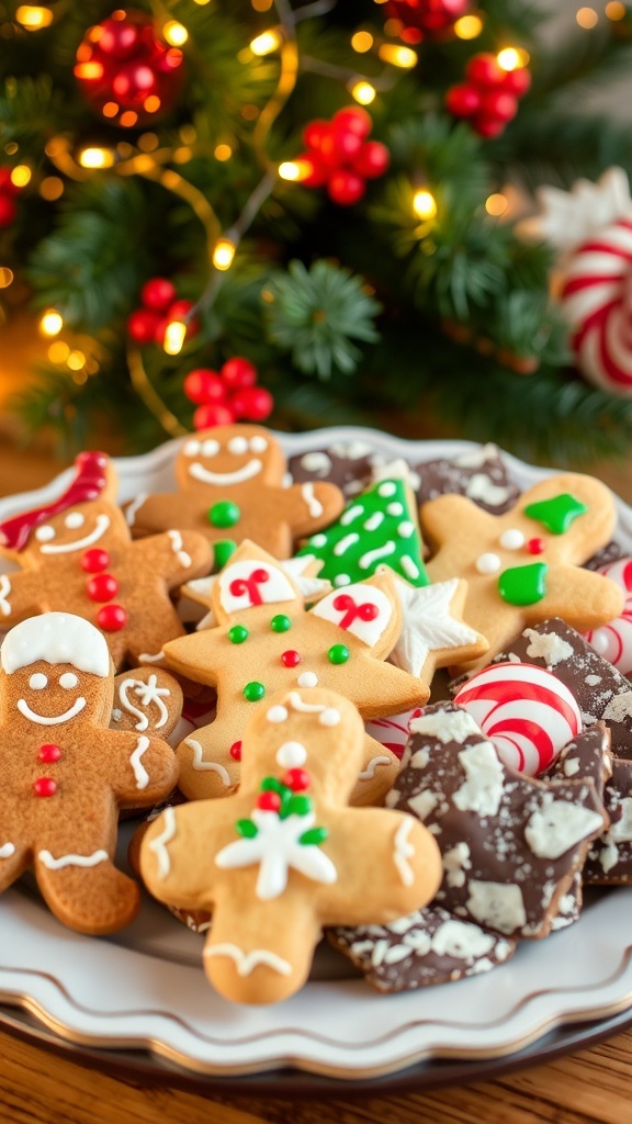 An assortment of Christmas cookies including gingerbread men and decorated sugar cookies on a festive platter.
